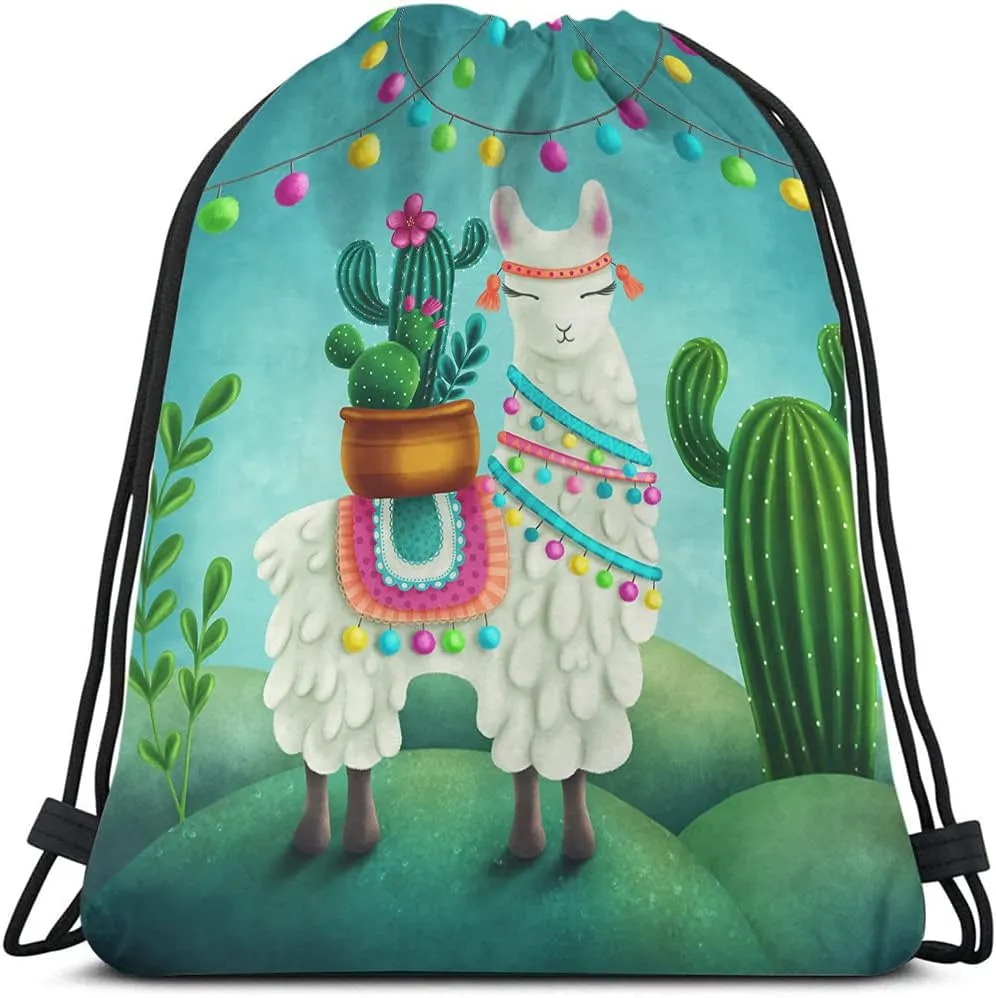 Cute Alpaca Llama Drawstring Bags Backpack Bag Cactus Summer Plant Green Succulent Colorful Art Boho Animal Sport Gym Sack Drawstring Bag String Bag Yoga Bag for Men Women