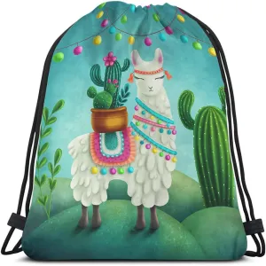 Cute Alpaca Llama Drawstring Bags Backpack Bag Cactus Summer Plant Green Succulent Colorful Art Boho Animal Sport Gym Sack Drawstring Bag String Bag Yoga Bag for Men Women
