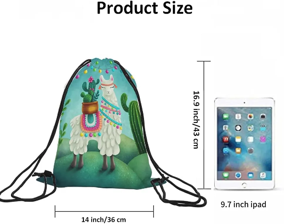 Cute Alpaca Llama Drawstring Bags Backpack Bag Cactus Summer Plant Green Succulent Colorful Art Boho Animal Sport Gym Sack Drawstring Bag String Bag Yoga Bag for Men Women