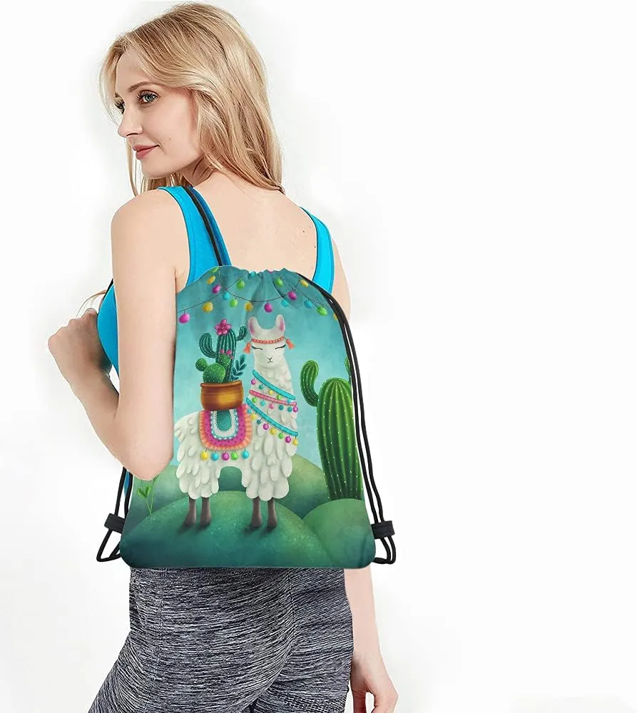 Cute Alpaca Llama Drawstring Bags Backpack Bag Cactus Summer Plant Green Succulent Colorful Art Boho Animal Sport Gym Sack Drawstring Bag String Bag Yoga Bag for Men Women