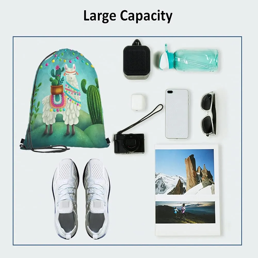 Cute Alpaca Llama Drawstring Bags Backpack Bag Cactus Summer Plant Green Succulent Colorful Art Boho Animal Sport Gym Sack Drawstring Bag String Bag Yoga Bag for Men Women