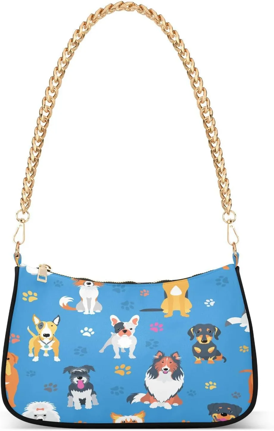 Cute Dogs Shoulder Handbags for Women Travel Hobo Tote Handbag Women Gold Chain Shoulder Bags Purse with Zipper Closure
