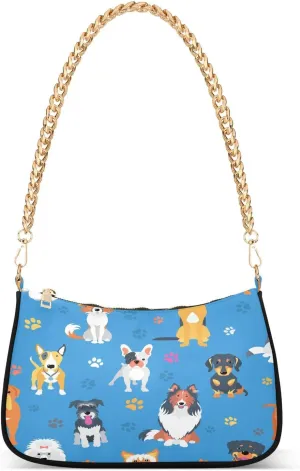Cute Dogs Shoulder Handbags for Women Travel Hobo Tote Handbag Women Gold Chain Shoulder Bags Purse with Zipper Closure