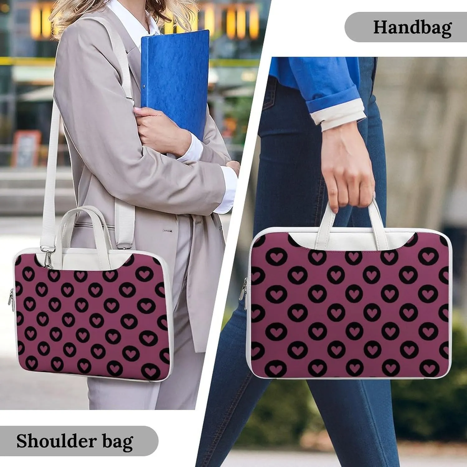 Cute Love Hearts Leather Bag Laptop Case Slim Water Resistant Computer Bags with Handle Briefcase for Work
