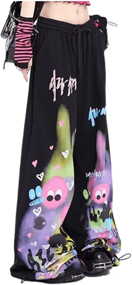 Cute Pants for Women Kawaii Pants Japanese Pants High Waist Flair Graffiti Chinos Loose Trousers Harajuku Bell Pants (Black,Small,Regular,Regular,Small)