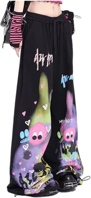 Cute Pants for Women Kawaii Pants Japanese Pants High Waist Flair Graffiti Chinos Loose Trousers Harajuku Bell Pants (Black,Small,Regular,Regular,Small)