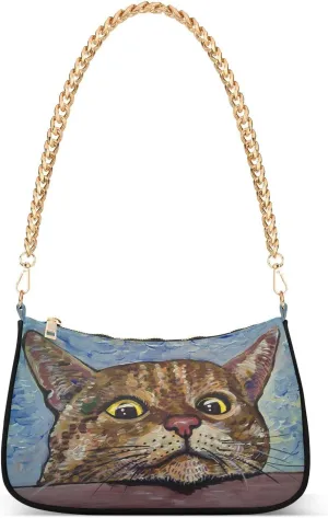 Cute Smiling Cat Shoulder Handbags for Women Travel Hobo Tote Handbag Women Gold Chain Shoulder Bags Purse with Zipper Closure