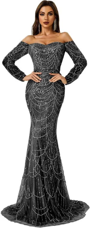 Datangep Luxury Bead Champagne Prom Dresses Off Shoulder Long Sleeves Mermaid Evening Dress Formal Party Gowns