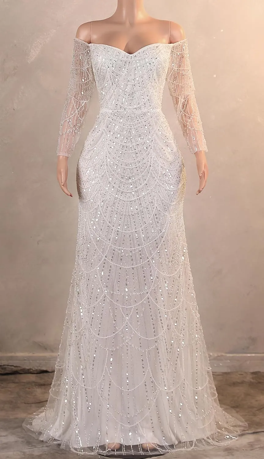 Datangep Luxury Bead Champagne Prom Dresses Off Shoulder Long Sleeves Mermaid Evening Dress Formal Party Gowns