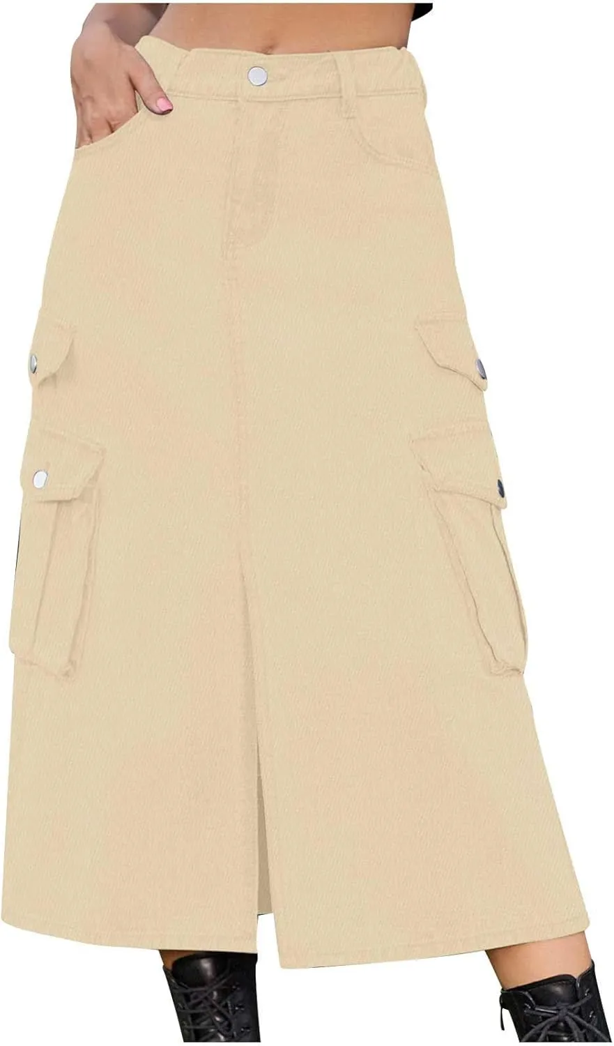 Denim Skirt for Women 2024 Casual A-Line Front Split Midi Skirt Teen Girls Cute High Waisted Jean Skirt with Pocket
