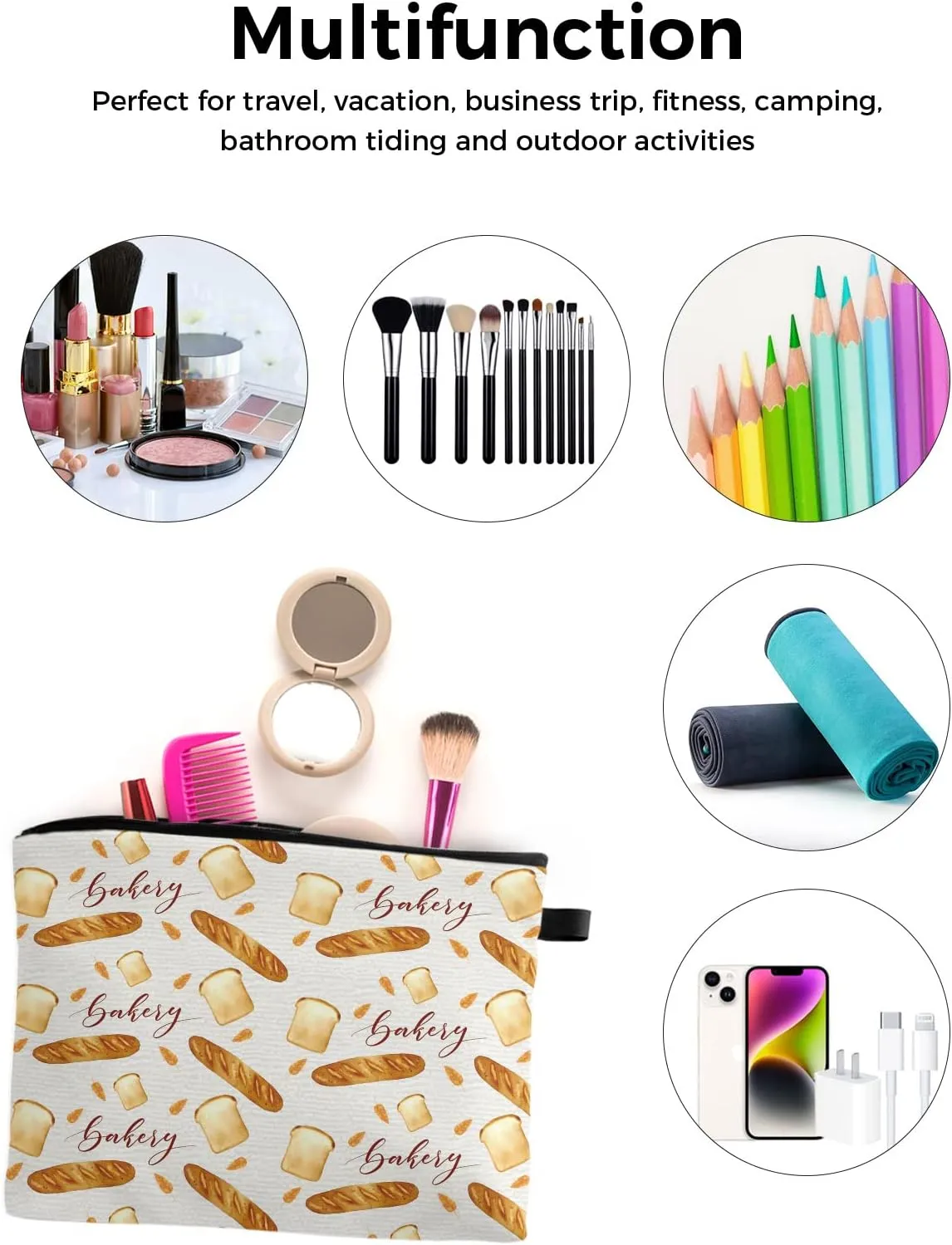 Dessert Baking Tile Pattern Filling Cosmetic Bags for Women, Cartoon Bread Baguette Retro Small Makeup Bag for Purse, Waterproof Travel Toiletry Bag Accessories Organizer, 1PCS