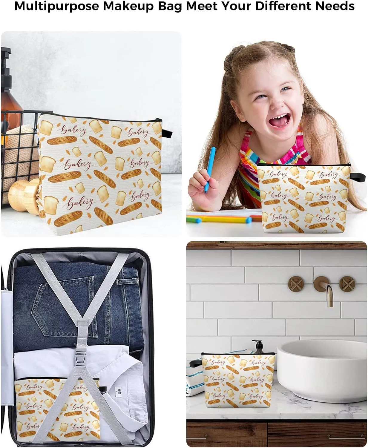 Dessert Baking Tile Pattern Filling Cosmetic Bags for Women, Cartoon Bread Baguette Retro Small Makeup Bag for Purse, Waterproof Travel Toiletry Bag Accessories Organizer, 1PCS