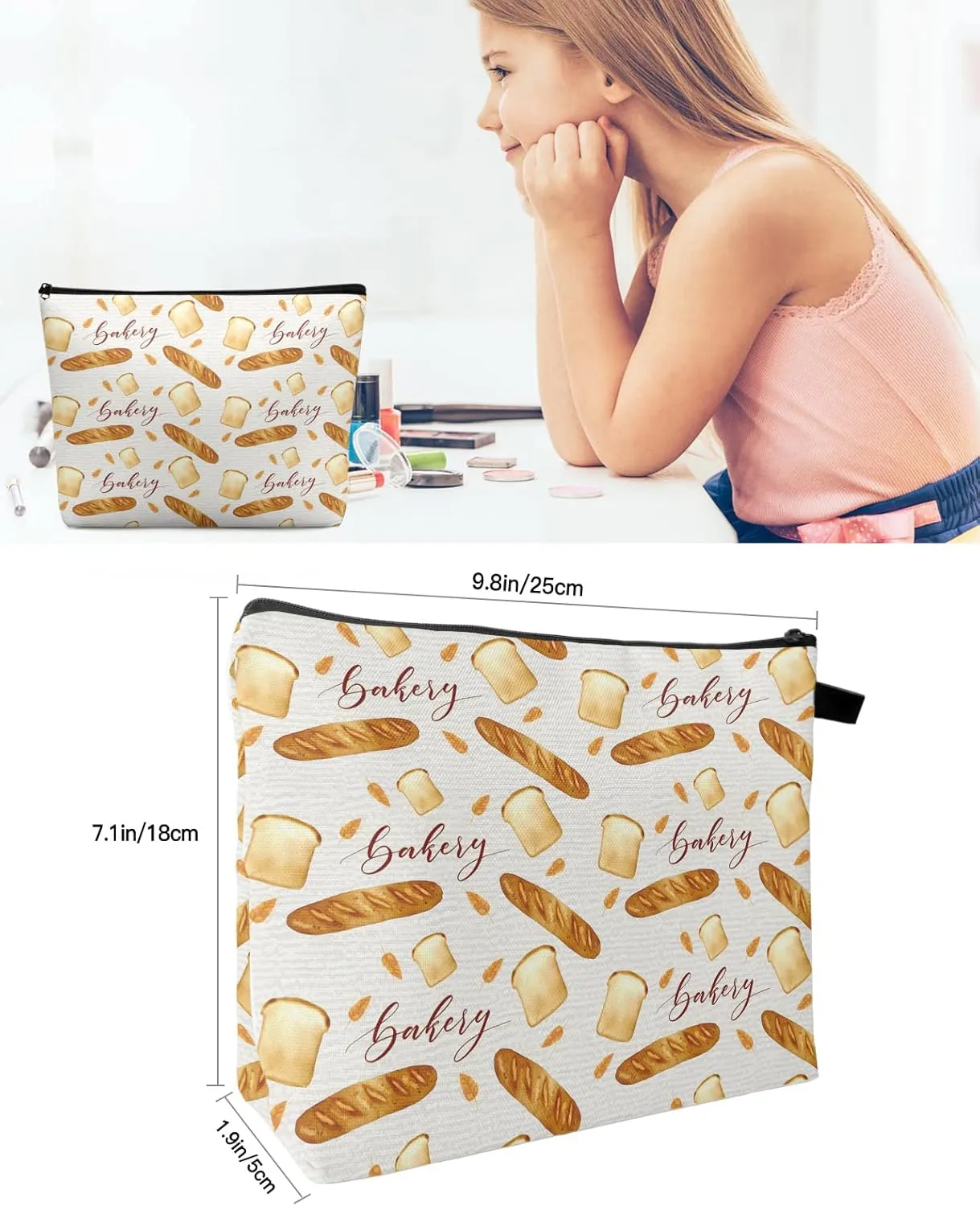 Dessert Baking Tile Pattern Filling Cosmetic Bags for Women, Cartoon Bread Baguette Retro Small Makeup Bag for Purse, Waterproof Travel Toiletry Bag Accessories Organizer, 1PCS