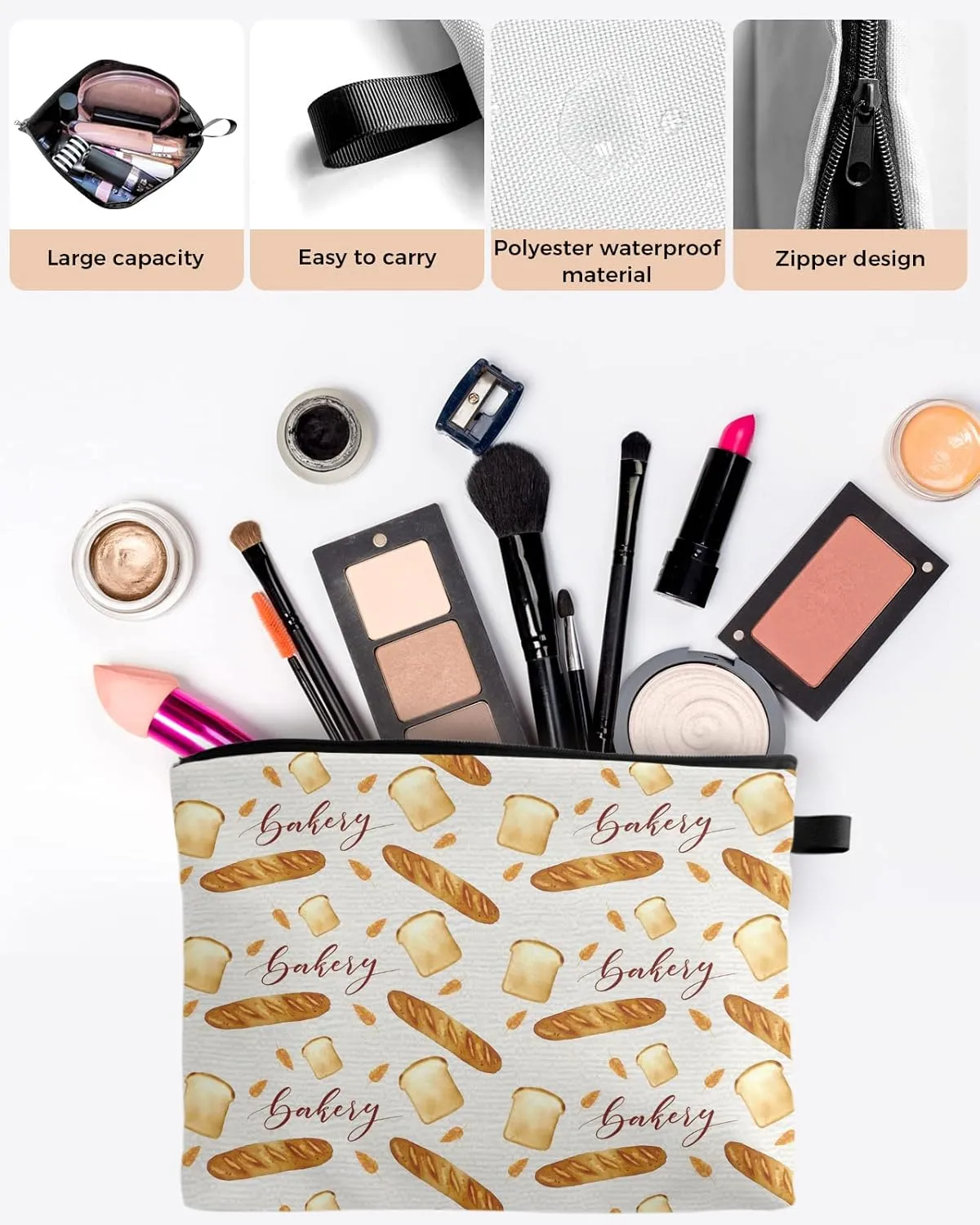 Dessert Baking Tile Pattern Filling Cosmetic Bags for Women, Cartoon Bread Baguette Retro Small Makeup Bag for Purse, Waterproof Travel Toiletry Bag Accessories Organizer, 1PCS