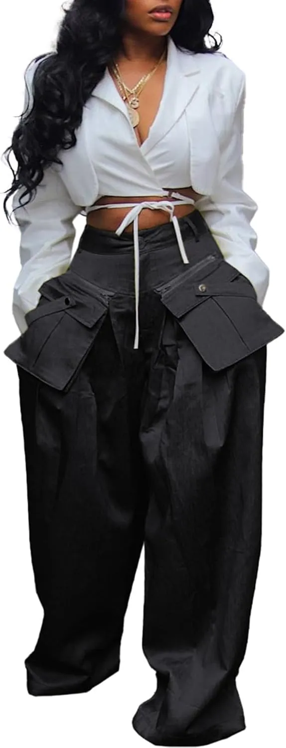 DINGANG High Waisted Wide Leg Cargo Pants Women Flowy Casual Pants with Zippers Pockets