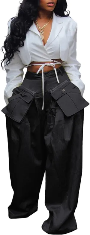 DINGANG High Waisted Wide Leg Cargo Pants Women Flowy Casual Pants with Zippers Pockets