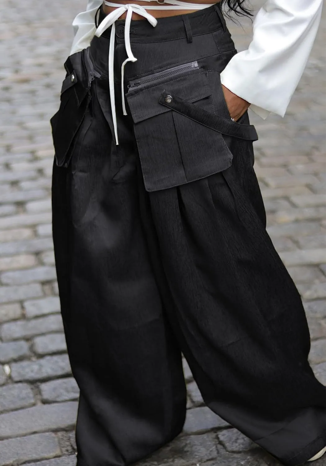 DINGANG High Waisted Wide Leg Cargo Pants Women Flowy Casual Pants with Zippers Pockets