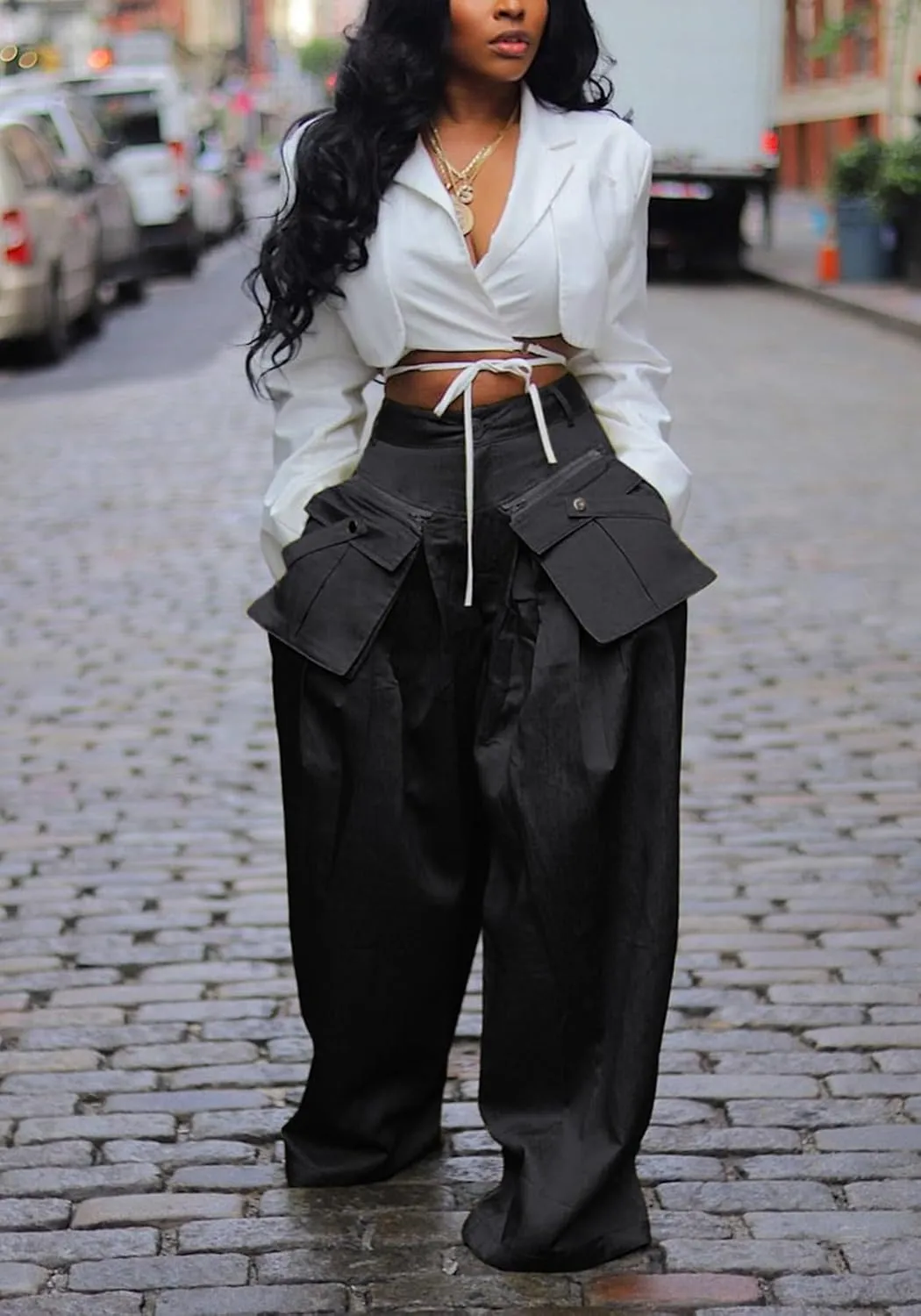 DINGANG High Waisted Wide Leg Cargo Pants Women Flowy Casual Pants with Zippers Pockets