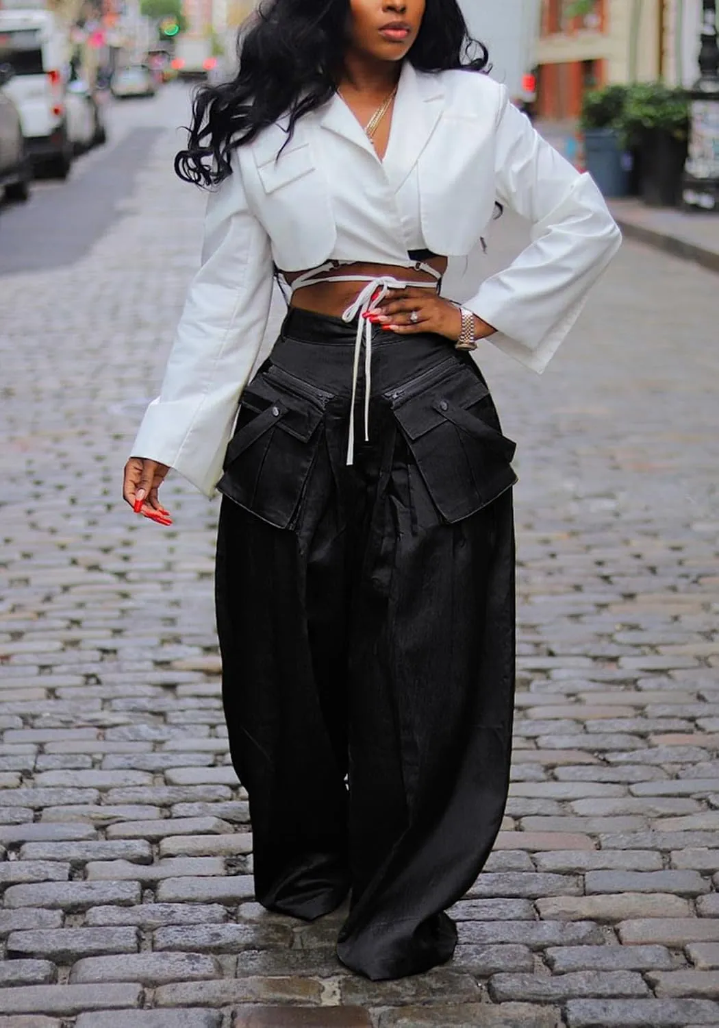 DINGANG High Waisted Wide Leg Cargo Pants Women Flowy Casual Pants with Zippers Pockets