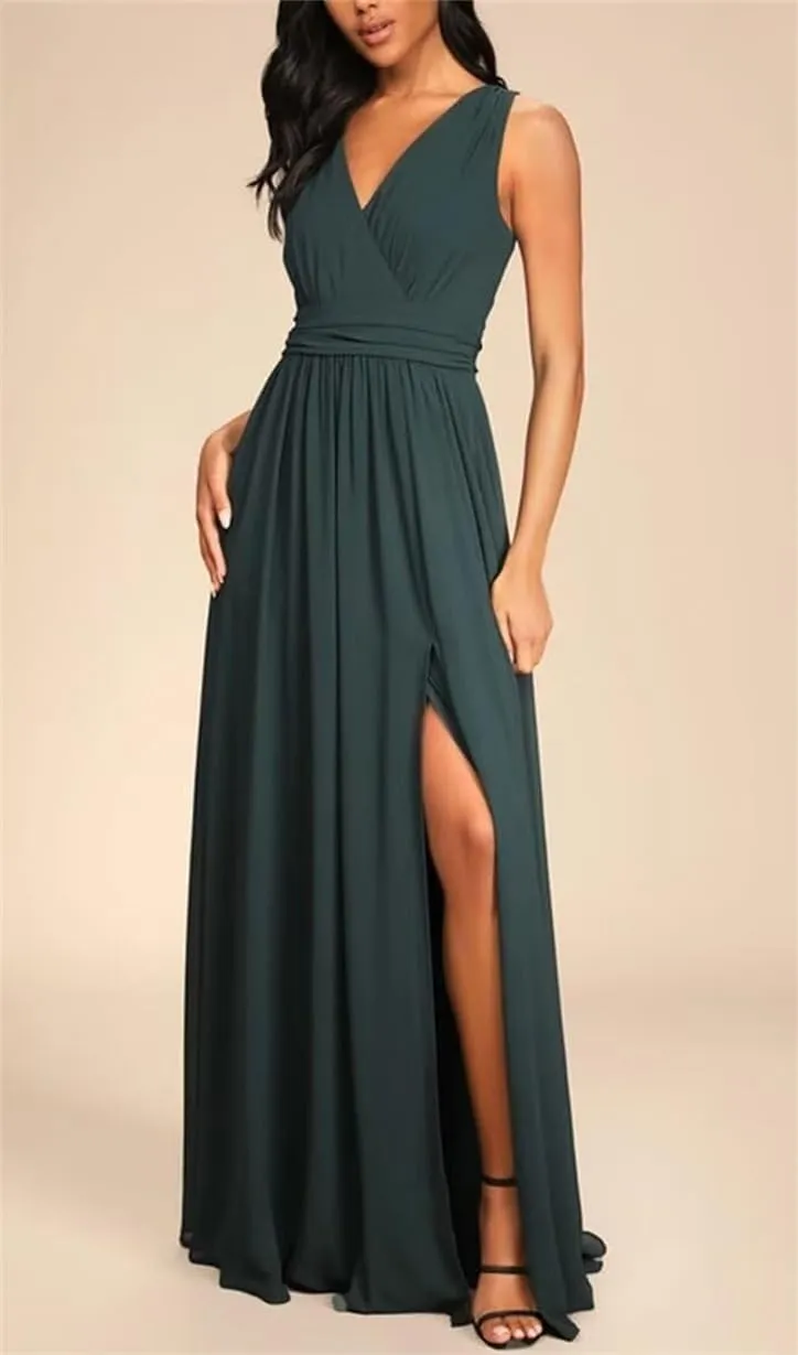 Double V Neck Bridesmaid Dresses for Wedding Guest Chiffon Formal Evening Party Prom Maxi Gown with Slit AN368