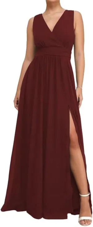 Double V Neck Bridesmaid Dresses for Wedding Guest Chiffon Formal Evening Party Prom Maxi Gown with Slit AN368