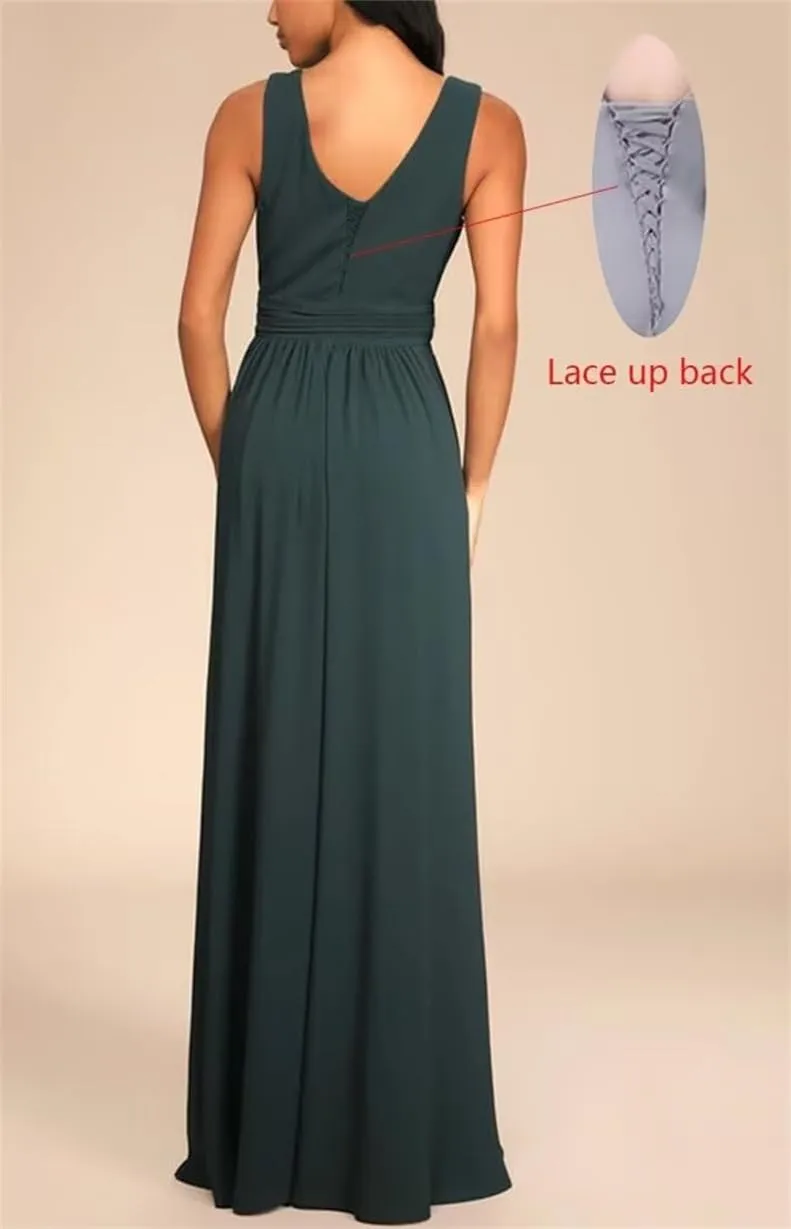 Double V Neck Bridesmaid Dresses for Wedding Guest Chiffon Formal Evening Party Prom Maxi Gown with Slit AN368