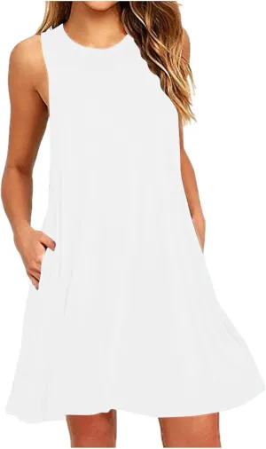 Dresses for Women Summer Sleeveless Casual Dress Solid Crewneck Sundresses Loose Midi Beach Clothes with Pocket