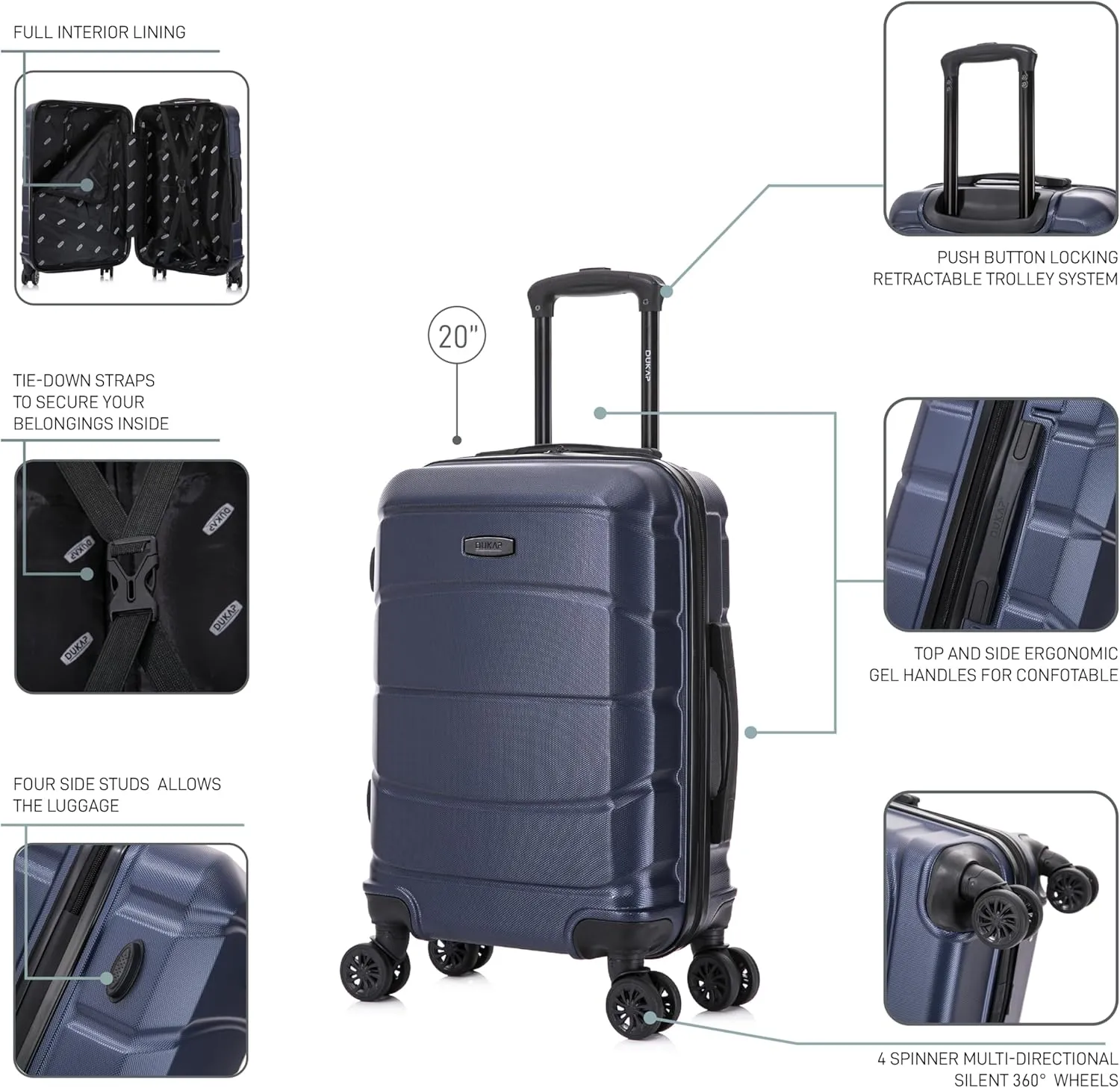 DUKAP SENSE Hardside Luggage with Spinner Wheels | 20 in Durable Lightweight Carry on Suitcase for Travel | Zipper Clouser Suit Case with Gel Handles and Trolley | Blue