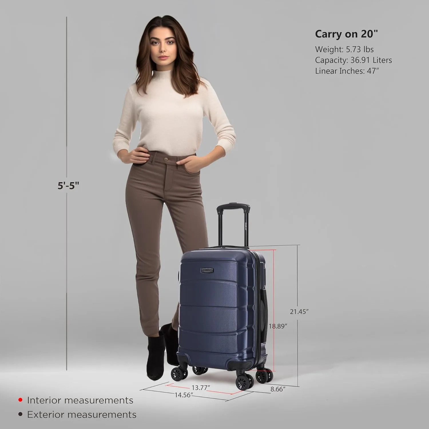 DUKAP SENSE Hardside Luggage with Spinner Wheels | 20 in Durable Lightweight Carry on Suitcase for Travel | Zipper Clouser Suit Case with Gel Handles and Trolley | Blue