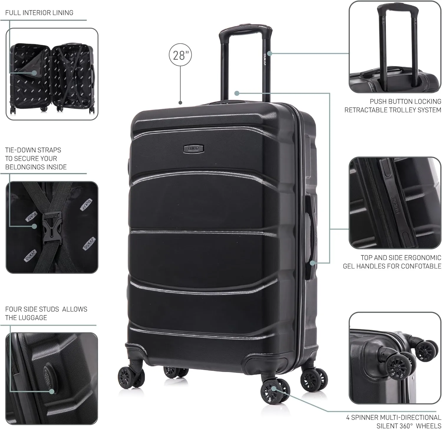 DUKAP SENSE Hardside Luggage with Spinner Wheels | 24 in Durable Lightweight Medium Checked Suitcase for Travel | Zipper Clouser Suit Case with Gel Handles and Trolley | Black
