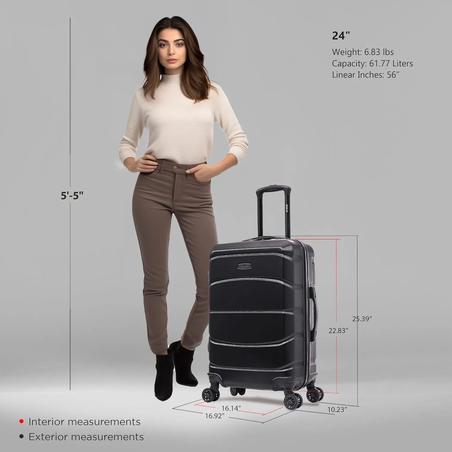 DUKAP SENSE Hardside Luggage with Spinner Wheels | 24 in Durable Lightweight Medium Checked Suitcase for Travel | Zipper Clouser Suit Case with Gel Handles and Trolley | Black