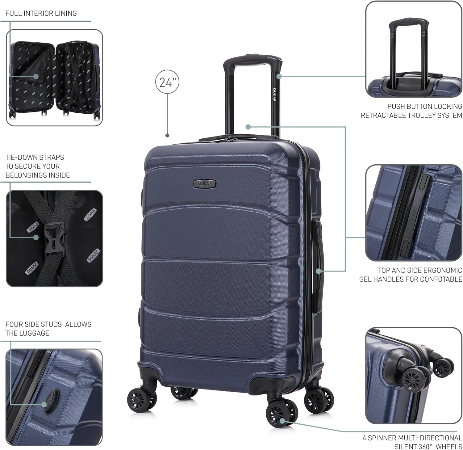 DUKAP SENSE Hardside Luggage with Spinner Wheels | 24 in Durable Lightweight Medium Checked Suitcase for Travel | Zipper Clouser Suit Case with Gel Handles and Trolley | Blue