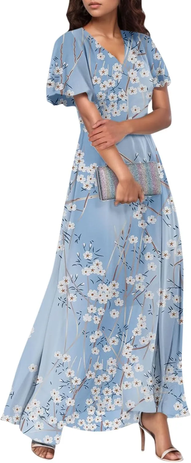 Easter Dresses for Women 2025 Summer Floral Chiffon Sun Dress Flowy Vacation Outfits Boho V Neck Ruffle Dress Beach Dress