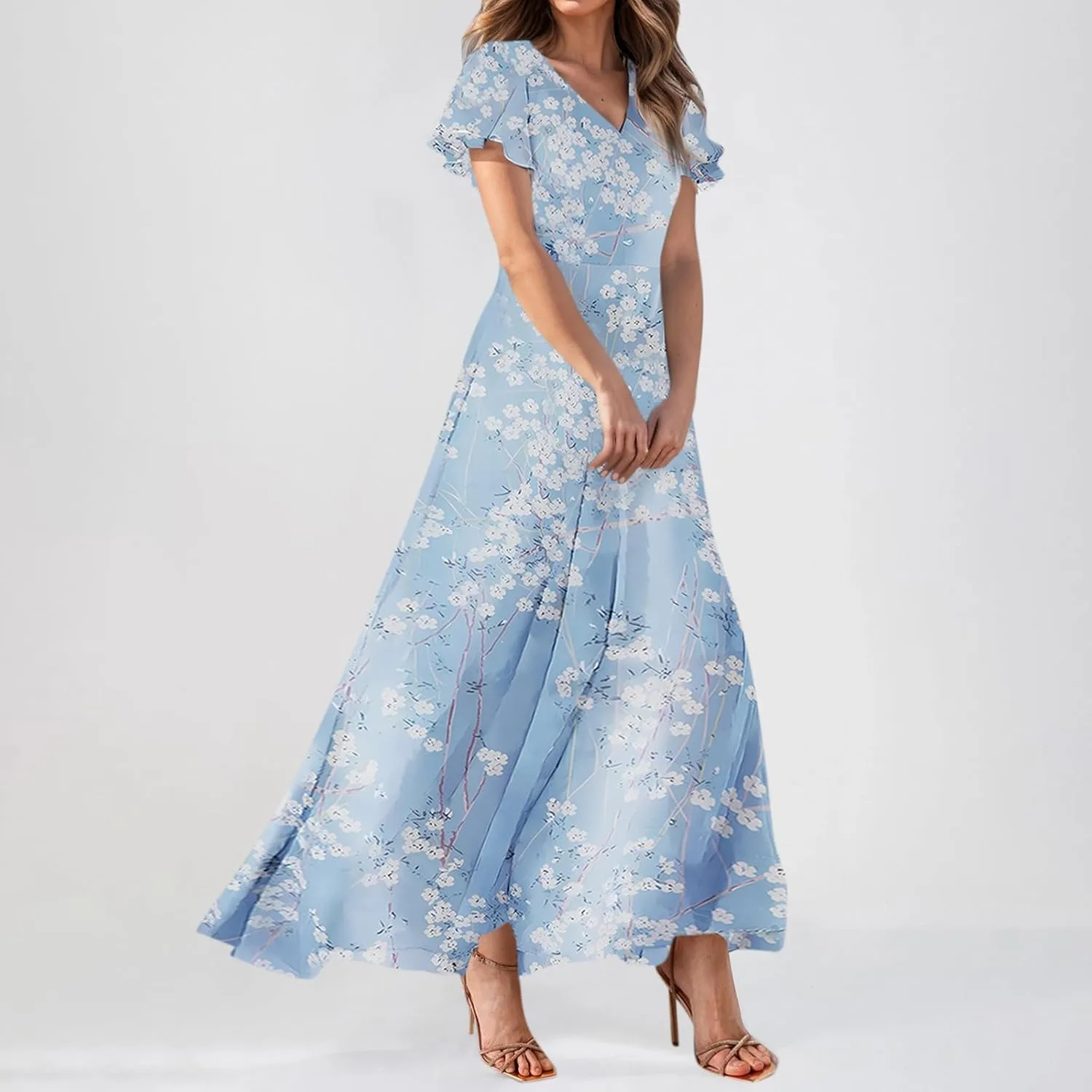 Easter Dresses for Women 2025 Summer Floral Chiffon Sun Dress Flowy Vacation Outfits Boho V Neck Ruffle Dress Beach Dress