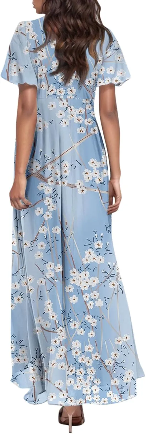 Easter Dresses for Women 2025 Summer Floral Chiffon Sun Dress Flowy Vacation Outfits Boho V Neck Ruffle Dress Beach Dress