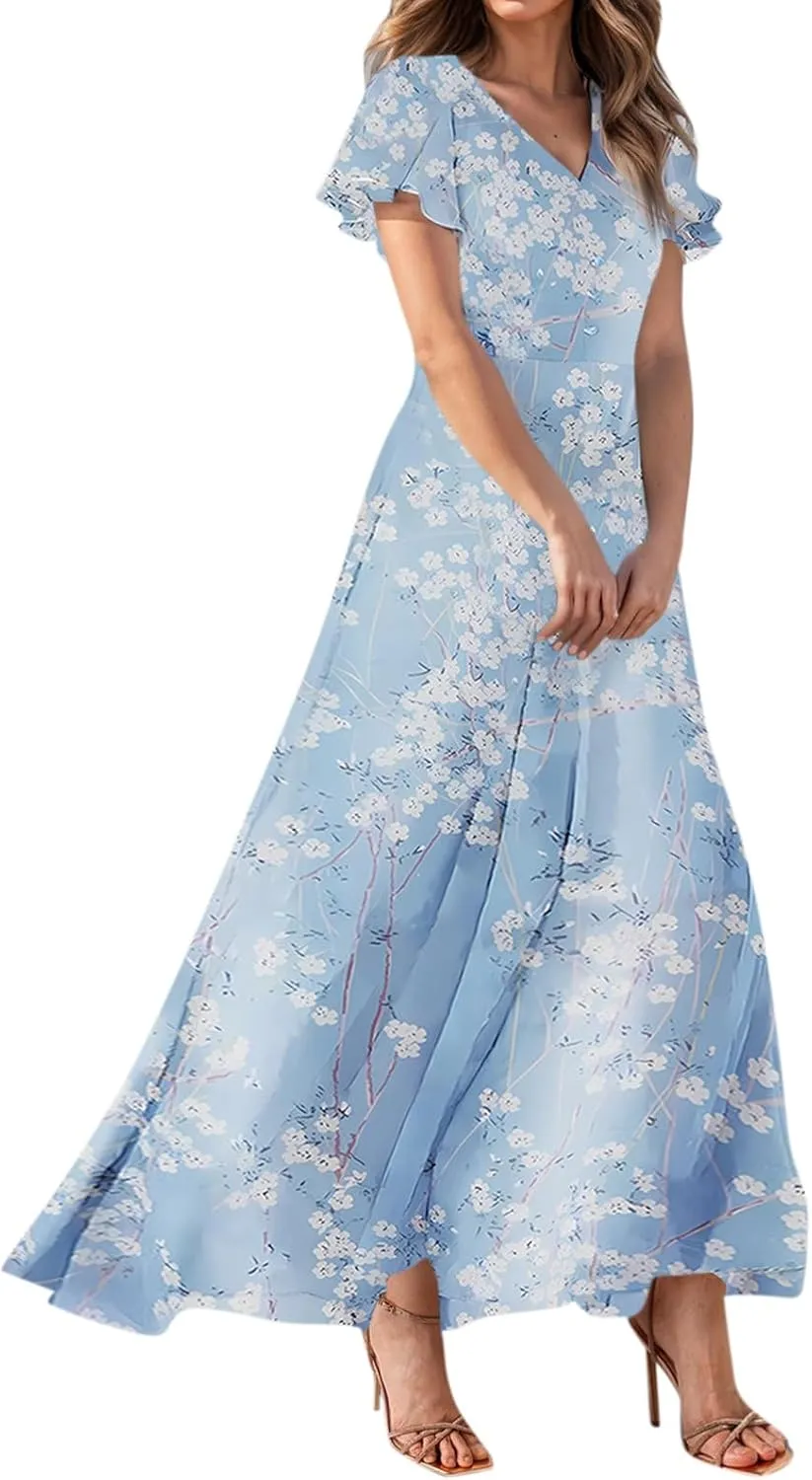Easter Dresses for Women 2025 Summer Floral Chiffon Sun Dress Flowy Vacation Outfits Boho V Neck Ruffle Dress Beach Dress