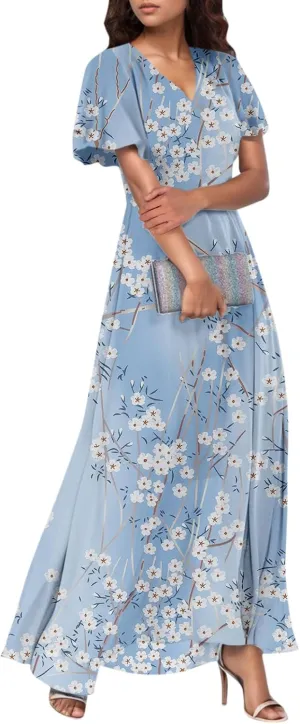 Easter Dresses for Women 2025 Summer Floral Chiffon Sun Dress Flowy Vacation Outfits Boho V Neck Ruffle Dress Beach Dress