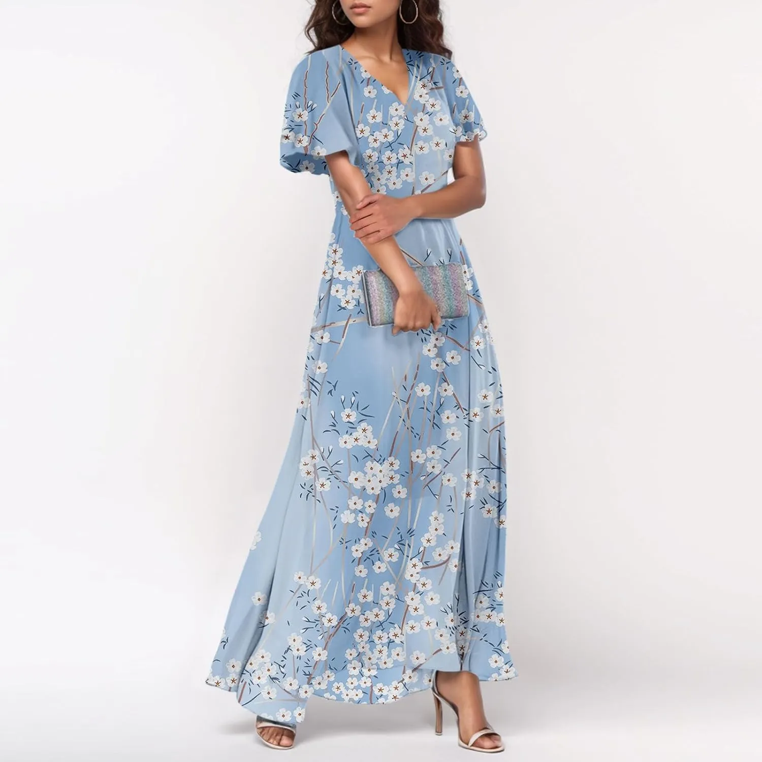 Easter Dresses for Women 2025 Summer Floral Chiffon Sun Dress Flowy Vacation Outfits Boho V Neck Ruffle Dress Beach Dress