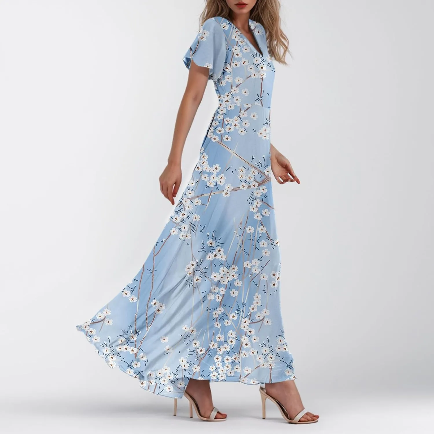 Easter Dresses for Women 2025 Summer Floral Chiffon Sun Dress Flowy Vacation Outfits Boho V Neck Ruffle Dress Beach Dress