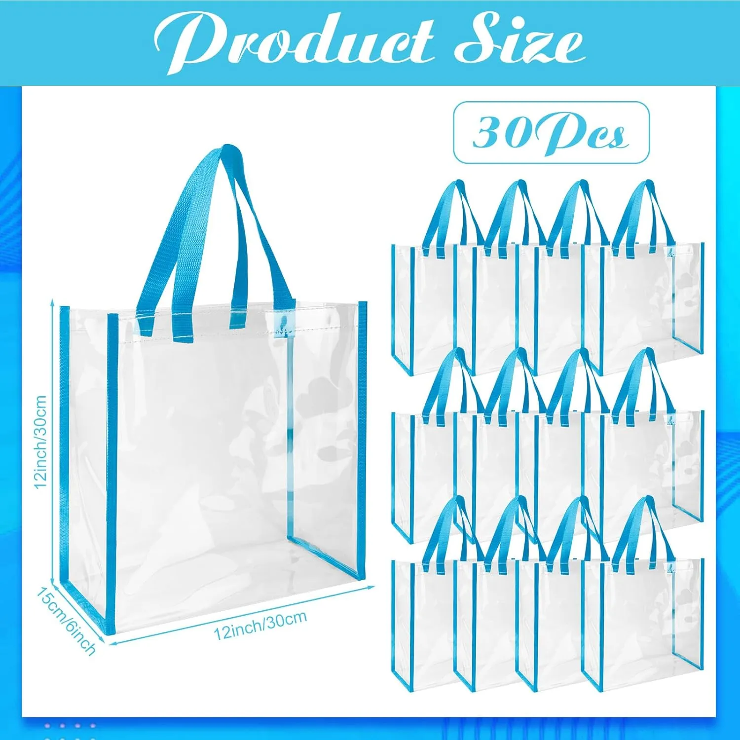 Eccliy 30 Pack 12x12x6 Inch Clear Tote Bag Stadium Approved Bulk Plastic Tote Gift Bag with Handle for Gym Sports Beach