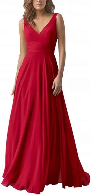 EEFZL Women's Double V Neck Bridesmaid Dress Long Chiffon Prom Evening Juniors Graduation Gowns