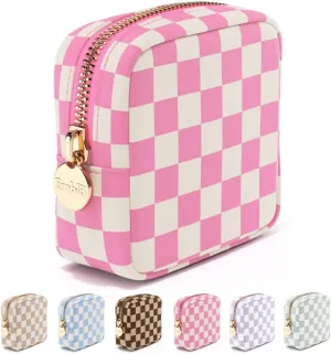 Embla Makeup Bag Travel Cosmetic Bag, Toiletry Bag, Cute Makeup Organizer, Nylon Zipper Pouch Purse Storage Bag Cosmetics Organizer, Womens Make Up Bag Mini Makeup Bags (Flamingo Checkered)
