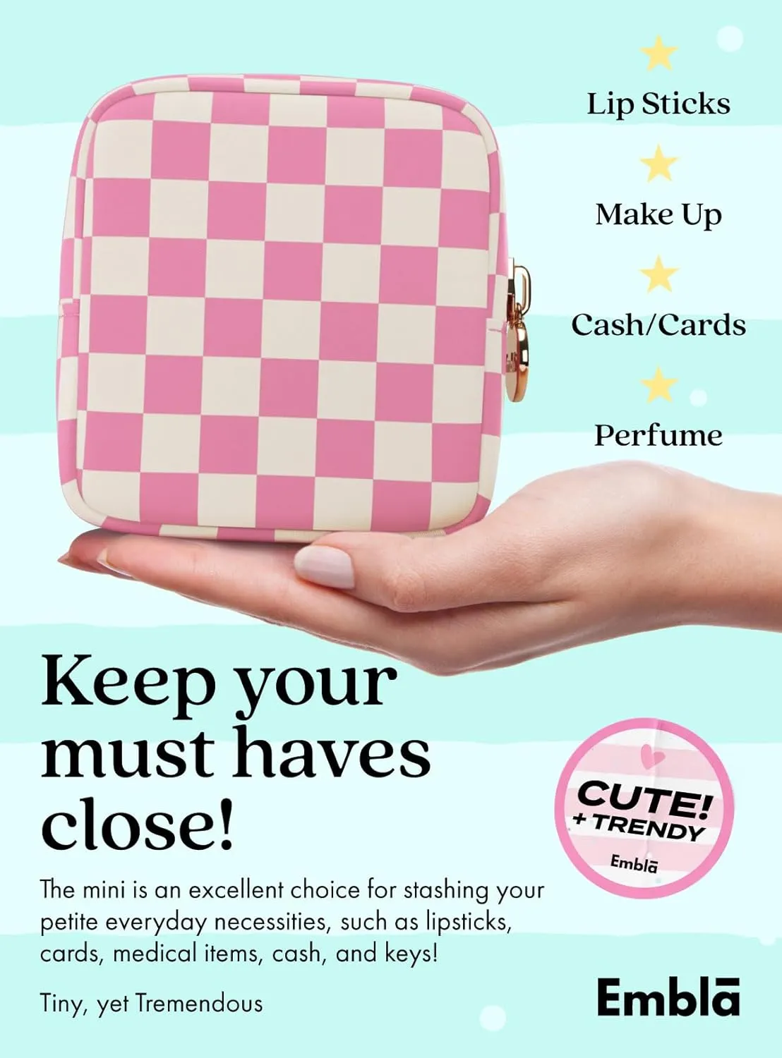 Embla Makeup Bag Travel Cosmetic Bag, Toiletry Bag, Cute Makeup Organizer, Nylon Zipper Pouch Purse Storage Bag Cosmetics Organizer, Womens Make Up Bag Mini Makeup Bags (Flamingo Checkered)
