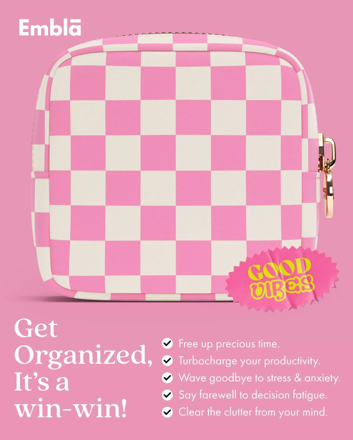 Embla Makeup Bag Travel Cosmetic Bag, Toiletry Bag, Cute Makeup Organizer, Nylon Zipper Pouch Purse Storage Bag Cosmetics Organizer, Womens Make Up Bag Mini Makeup Bags (Flamingo Checkered)