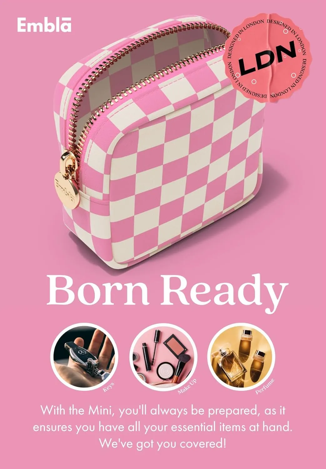 Embla Makeup Bag Travel Cosmetic Bag, Toiletry Bag, Cute Makeup Organizer, Nylon Zipper Pouch Purse Storage Bag Cosmetics Organizer, Womens Make Up Bag Mini Makeup Bags (Flamingo Checkered)