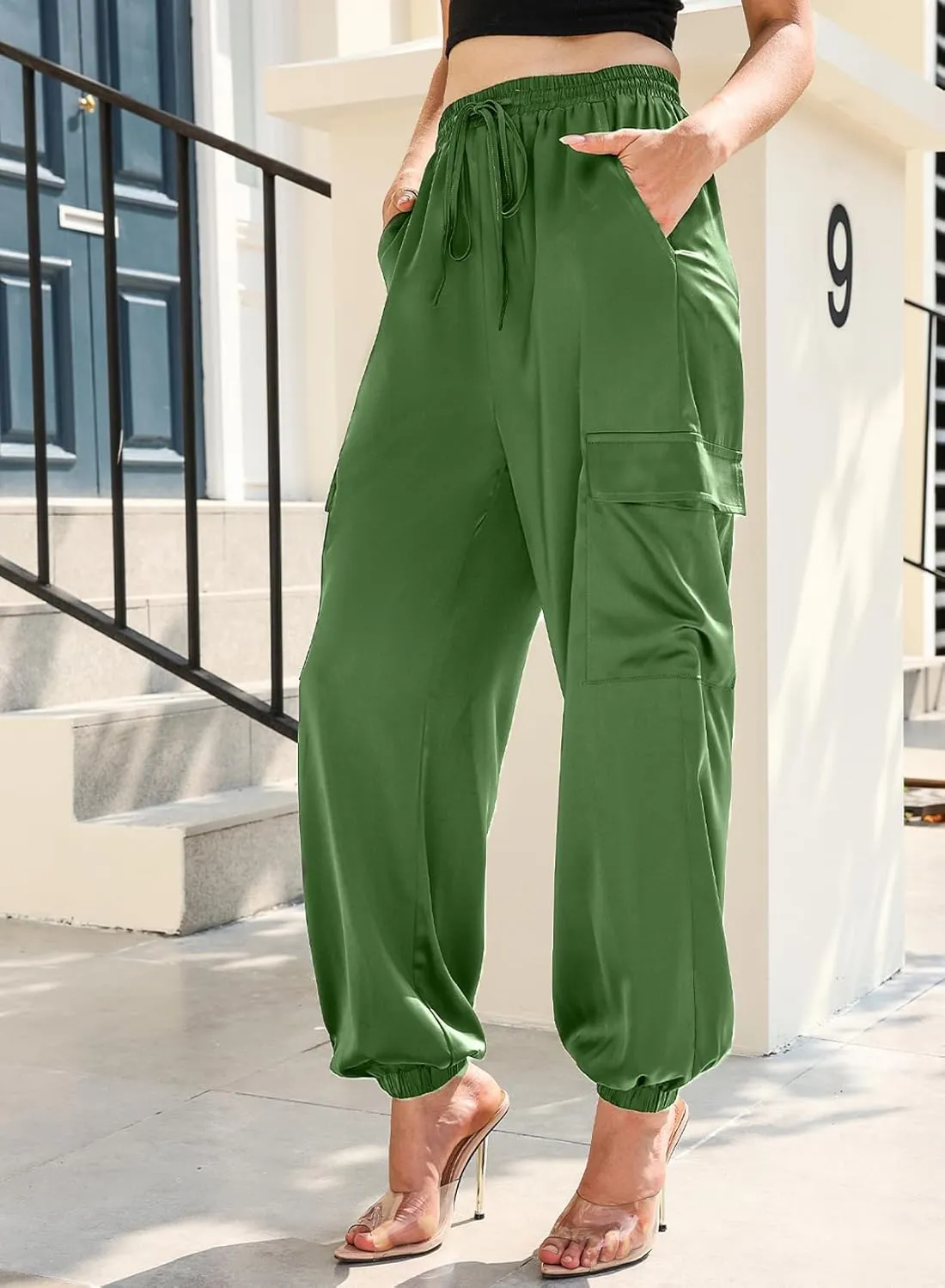 EVALESS Satin Joggers for Women Drawstring Elastic High Waist Straight Leg Cargo Pants Long Lounge Pant Trousers with Pockets