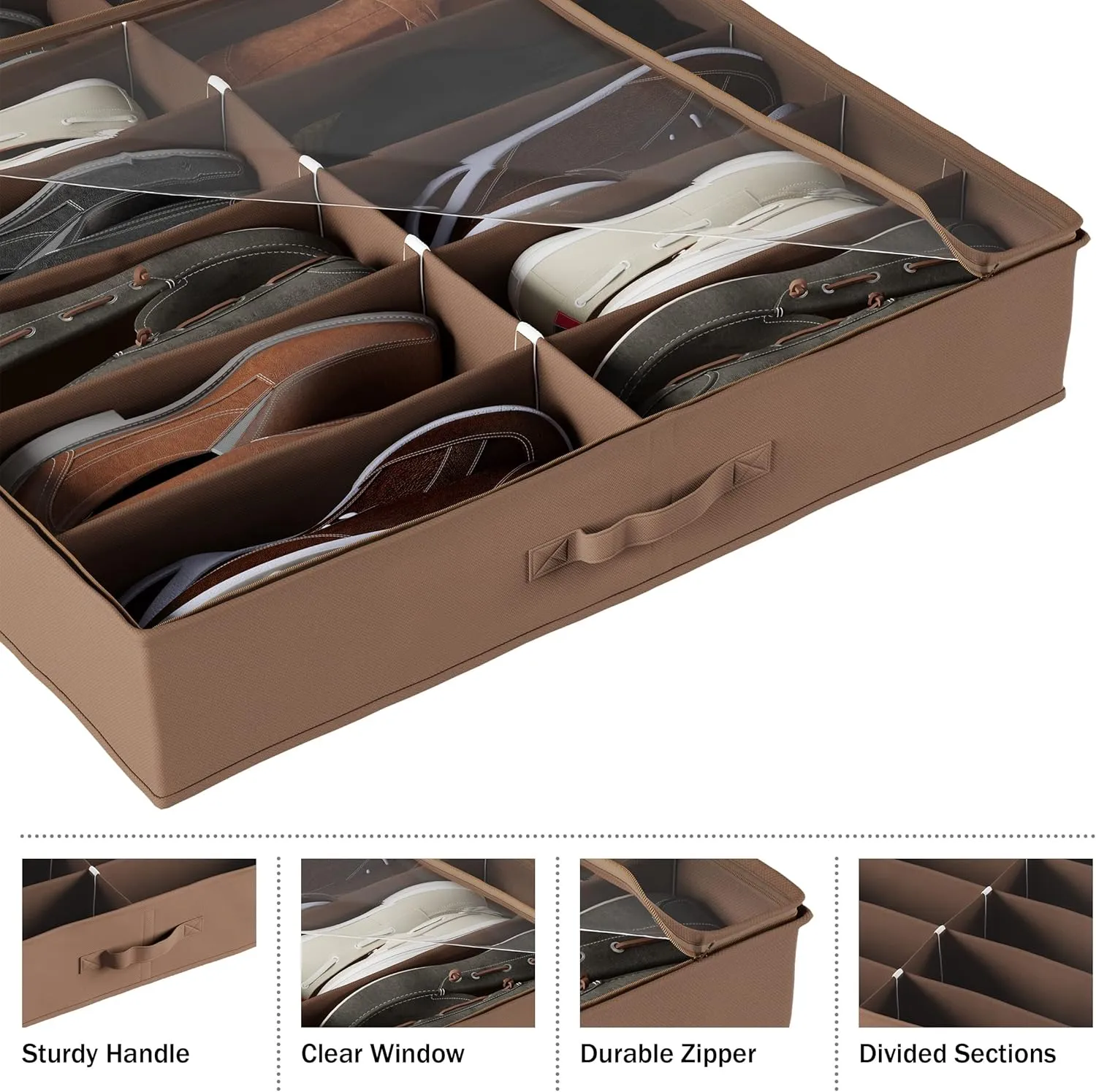 Everyday Home Under Bed Storage Shoe Organizer Bag with Clear Plastic Zippered Cover, Stores 12 Pairs of Shoes (Brown) (Pack of 2)