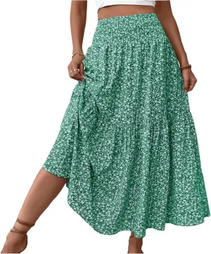 fanmpghleoo Long Skirts for Women Boho Beach Vacation Tiered Maxi Skirt Summer Bohemian High Waisted Skirts A Line Midi Skirt