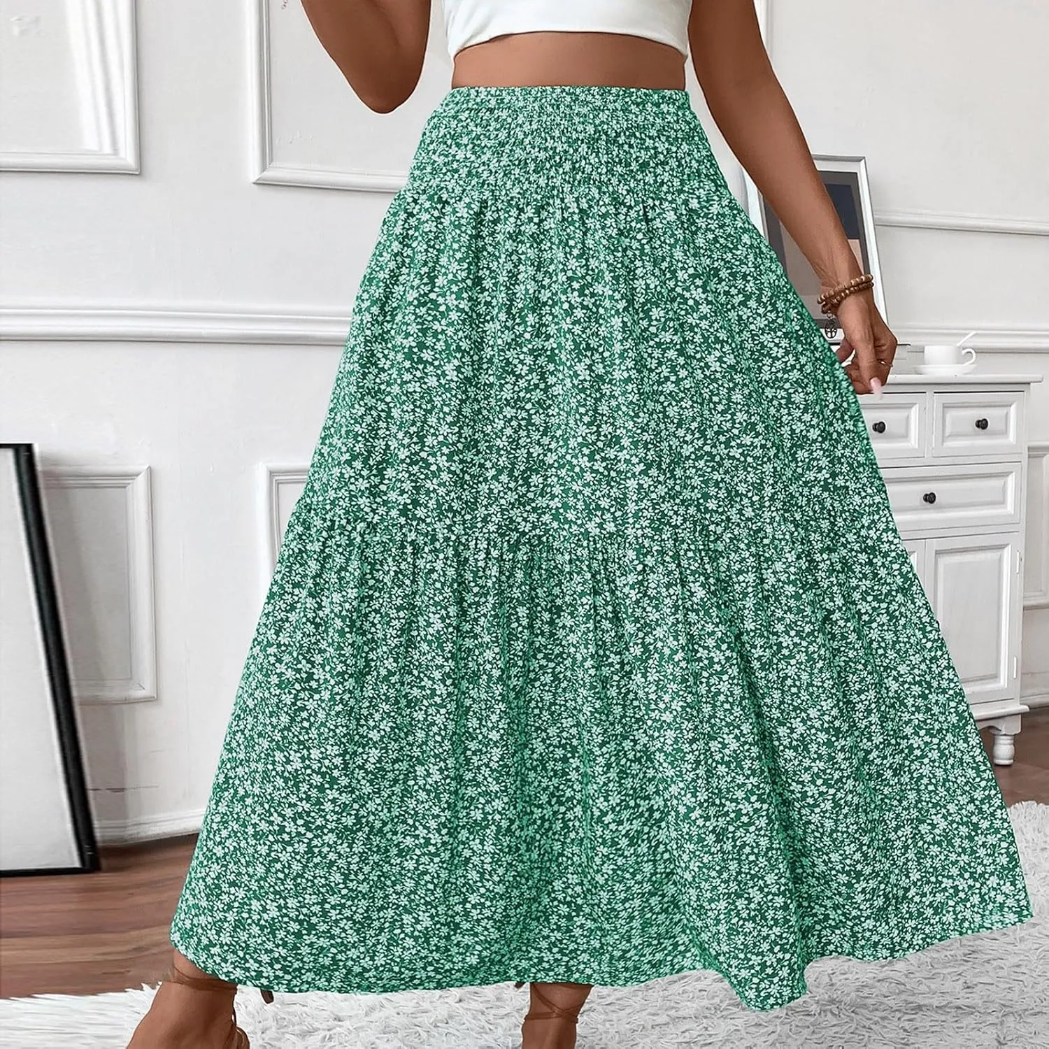 fanmpghleoo Long Skirts for Women Boho Beach Vacation Tiered Maxi Skirt Summer Bohemian High Waisted Skirts A Line Midi Skirt