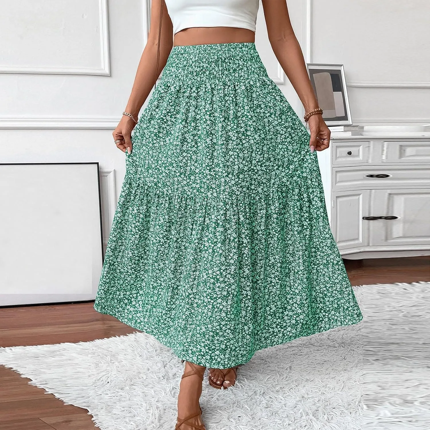 fanmpghleoo Long Skirts for Women Boho Beach Vacation Tiered Maxi Skirt Summer Bohemian High Waisted Skirts A Line Midi Skirt